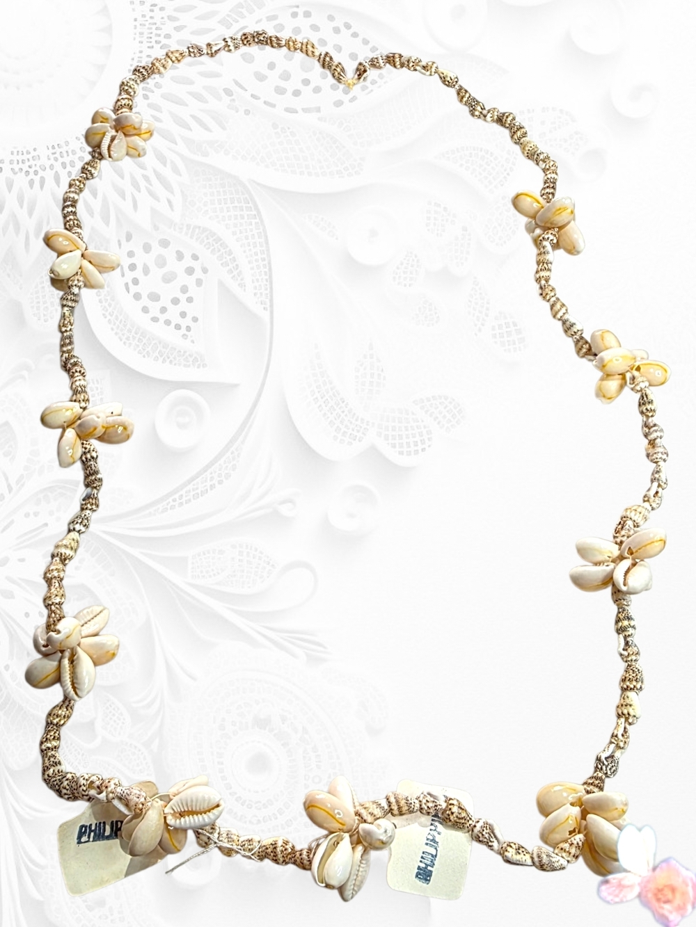 Vintage Philippines Cowrie Shell Floral Necklace Spaced Boho Beach Ivory